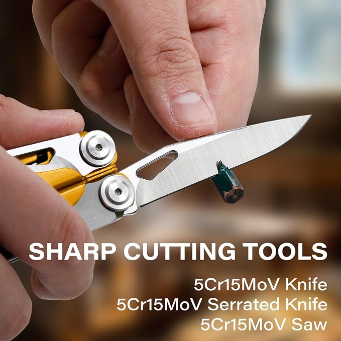 21-in-1 Multi Tool Pliers w/Safety Locking & Spring-Action Scissors | Heavy-duty Stainless Steel Multi-tool Set with Nylon Sheath for Work, Home, Garden, DIY & Auto, Maple Yellow