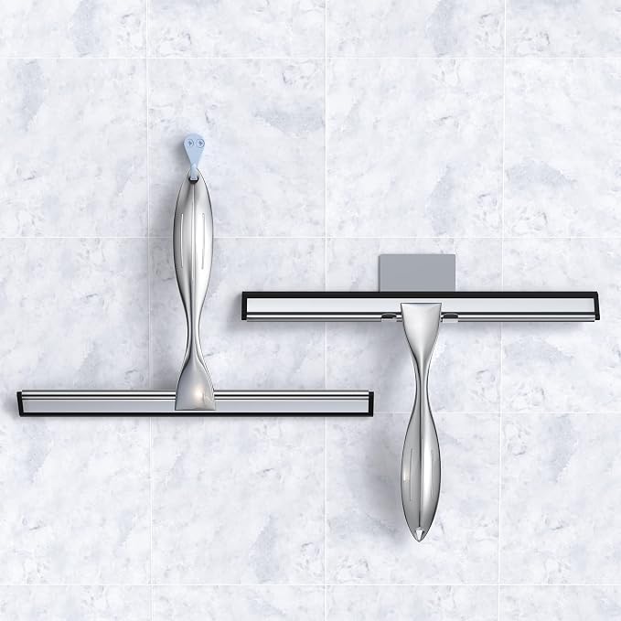 14-Inches Stainless Steel Shower Squeegee Set, Include Shower Door Hook, Adhesive Hook and Spare Silicone Blade, Window Squeegee for Shower Glass Door, Bathroom, Mirror, Window and Car Glass