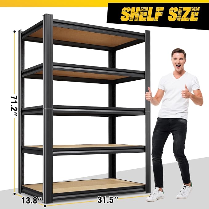 5-Pack Garage Shelving for Multi-Room Home Storage & Organization, 71"H x 32"W x 14"D 5-Tier Adjustable Metal Storage Rack for Tools, Household Items, Garage, Workshop,Pantry&Basement Storage