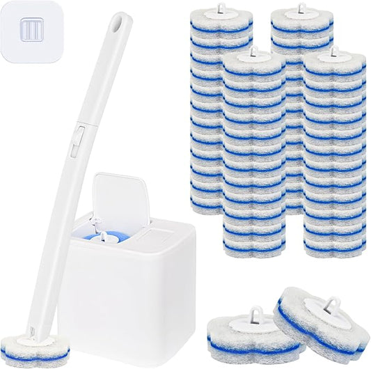 Disposable Toilet Brush System with 48 Refills, Wall-Mount Holder Set | Disposable sponge heads for cleaning the toilet. Drill-free wall mount saves space. Ergonomic handle for easy maintenance