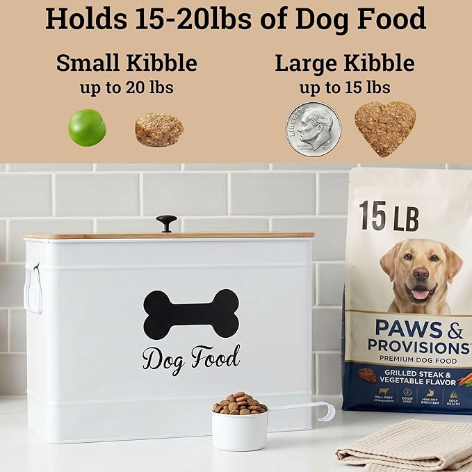 Dog Food Container Airtight Bamboo Lid 15-20 lb Sturdy Metal Handle 70 Cups | Pet Jar For Dogs up to 100lbs, Airtight Bamboo Lid, Sturdy Comfortable Metal Handle, Powder Coated Iron, Kibble Storage Bin