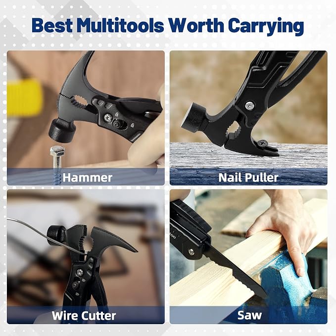 Zune Lotoo 14 in 1 Pocket Hmamer Multitool Gifts for Men | Small Multifunctional Utility Tool Stainless Steel Alloy Portable Compact Survival Hammer for Father, Dad, Handyman, Engineer
