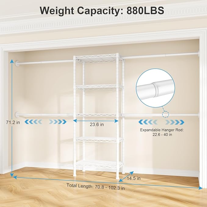 Ulif M2 Wall Mounted Closet System, Clothes Rack Mounted onto the Wall with 4 Expandable Hanger Rods and 5 Metal Shelves, Clothing Organizer Storage in (70.8-102.3)" L x 14.5" D x 71.2" H, White