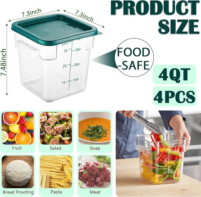 4 Pack 4QT Food Storage Containers with Green Lids, Clear Square Restaurant Commercial Food Storage Containers with Handle and Scale, Marinating Container Dough Rising Bucket for Home & Dining