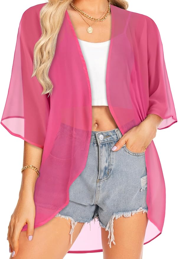 Women Kimono Cardigans Summer Cover Up Hawaiian Shirts Floral Print Tops | ROSEMIA chiffon kimono open front cardigans, beach cover ups, daily casual tops, cruise outfits, summer resort wear