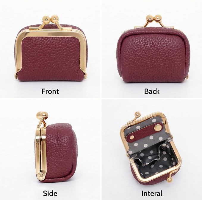 Genuine Leather Mini Jewelry Box Portable Vintage-Inspired Leather Small Coin Purse Jewelry Organizer Case Mini Travel Ring Box with Kiss Lock for Women Earring Ring Necklace