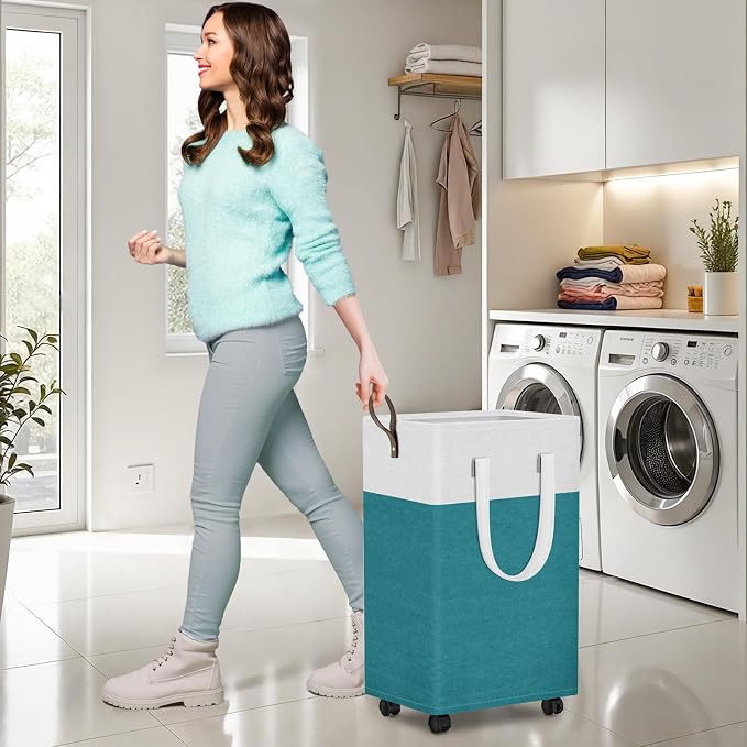 HomeHacks 75L Rolling Laundry Basket with 4 Wheels Collapsible Green | 4 Wheels, Waterproof PEVA Lining, Cotton Flax Fabric, Metal Frame, Bathroom Laundry Room Dorm Storage, Space-Saving Design