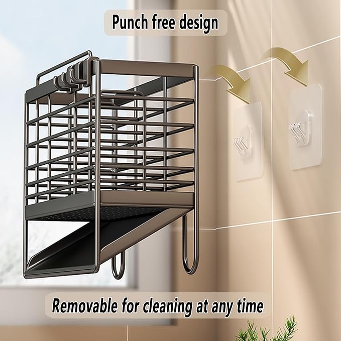 RAKSONIC Utensil Holder, Dish Drainer for Kitchen Counter,3 Compartments Stainless Steel Utensil Drying Rack,Kitchen Utensils Holder with Towel Bar,Self-Draining Tray Design