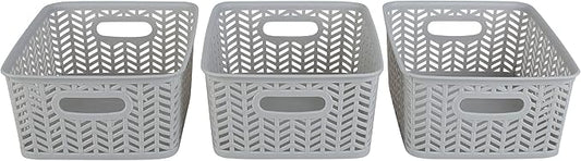 Simplify 3 Pack Small Herringbone Storage Basket | Dimensions: 10"x8"x4" | 2 Open Handles | Lightweight | Grey | Herringbone Design | Home Organization
