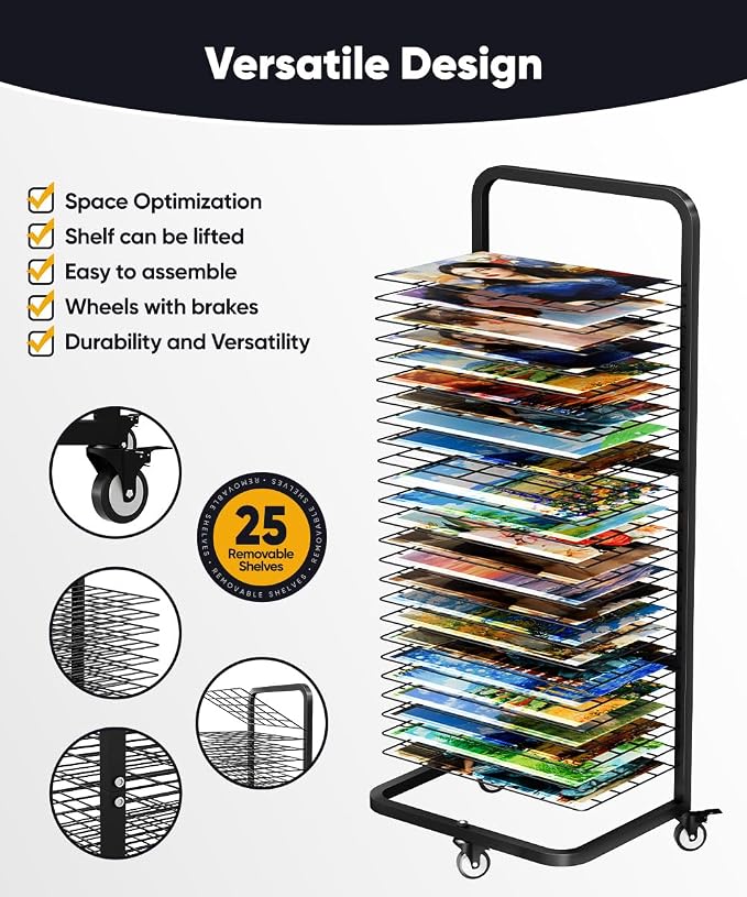 mocomax Art Drying Rack for Painting, Metal Paint Drying Stand, Movable Paint Drying Rack with Lockable Wheels, Art Canvas Storage Rack for Classrooms & Art Studios, 25 Removable Shelves, Black