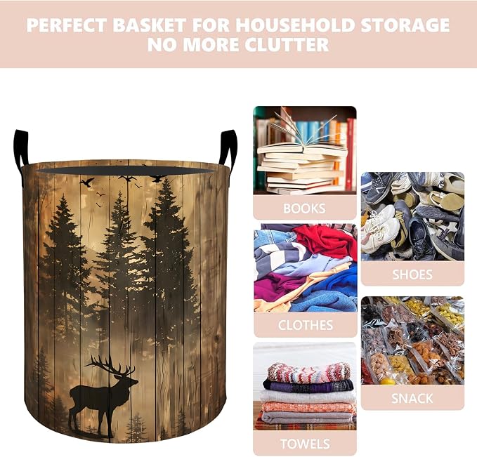 Rustic Deer Forest Laundry Basket Hamper 19.7"x15.8", Organizer Bins Gifts for Kids Boys Girls, Woodland Elk Foldable Waterproof Oxford Clothes Storage Bucket for Bedroom Bathroom Decor
