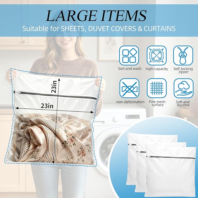 kinice Large Laundry Bag with Zipper Protective Cover, 3Pcs 23x23 Inches Garment Bag for Washing Machine, Mesh Laundry Bags for Delicates, Lingerie, Bras, Baby Clothes, Family College Dorm Essentials