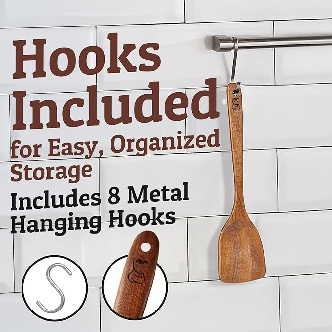PriorityChef Wooden Spoons for Cooking, Premium 8pc Teak Wood Utensil Set with Hanging Hooks