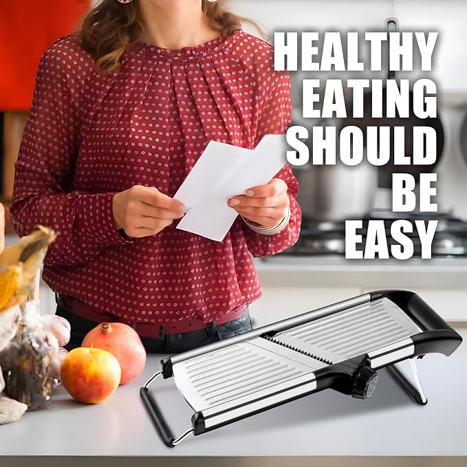 Mandoline Slicer for Kitchen, Adjustable Vegetable Slicer - Stainless Steel | Adjustable stainless steel blade slices potato, onion and tomato evenly; food holder and gloves help make kitchen prep safer.