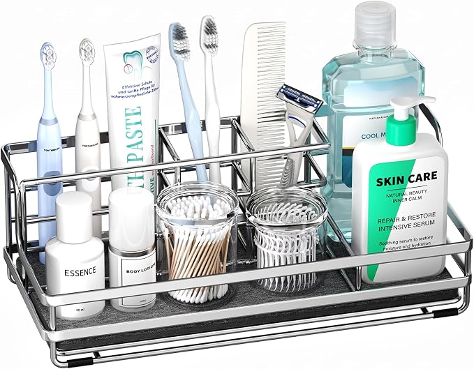 HapiRm Toothbrush Holders for Bathroom - 5 Partitions Bathroom Counter Organizer with Instant Drying Stone, Stainless Steel Countertop Storage Electric Toothbrush Toothpaste Holder - Silver(Large)
