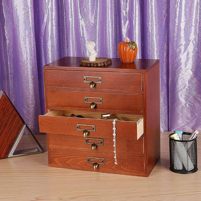 GoooodGift Wooden Drawers Small Wooden Box with Drawer, Brown | 5 Drawer Wood Storage Box , Vintage Desktop Organizer with Drawers, Desk Organizers for Library Card Catalog Cabinet