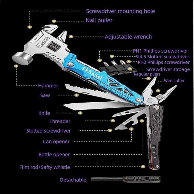 Upgraded Adjustable Wrench Multitool Hammer, 18 in 1 | Pocket Multi Tool Pliers, All-in-One Survival Tool, Camping, Everyday Use