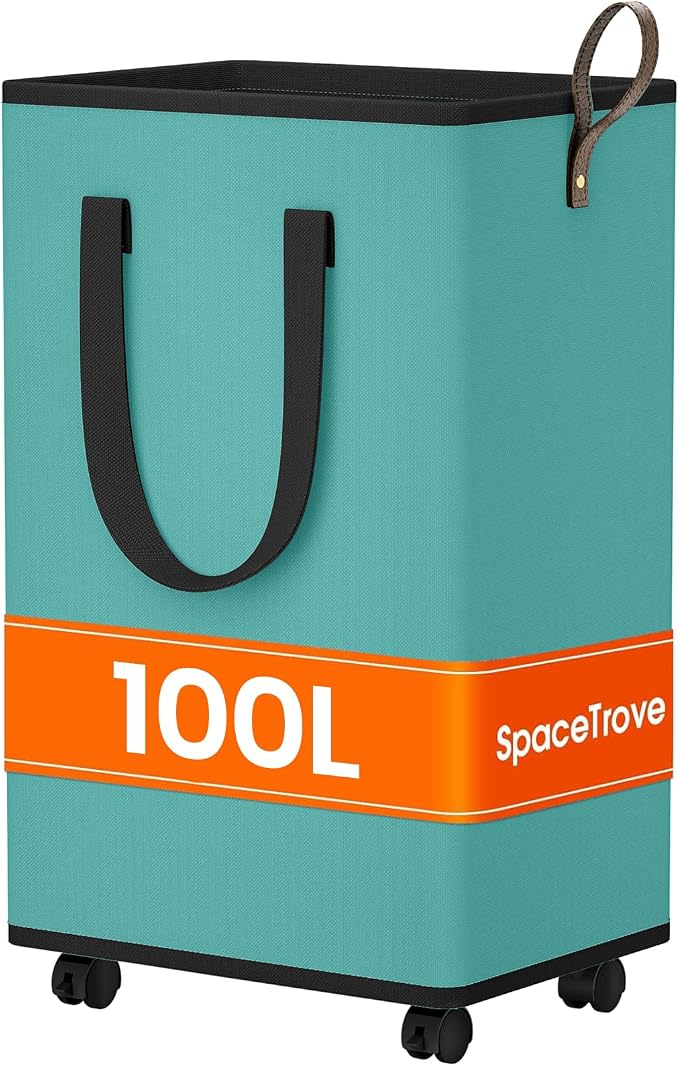 SpaceTrove Rolling Laundry Basket with Wheels, Laundry Hamper, 100L, Green | Collapsible, 4 detachable wheels including 2 with brakes, sturdy handle, metal frame, for dorms, bathrooms and bedrooms