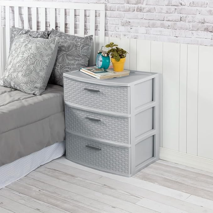Sterilite 2 Pack 3 Drawer Wide Storage Tower, Weave Organizer, Cement | Lightweight Opaque Home Organization Container for Bedrooms, Closets, or Bathrooms