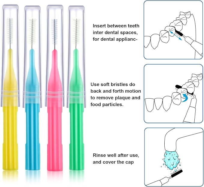 Patelai 100 Count Interdental Brush Set, Soft Braces Cleaner Picks with Cap, Multi Size Teeth Gap Cleaning Tool for Orthodontic Care Bridge Implant Travel Kit(Light Blue, Pink, Yellow, Light Green)