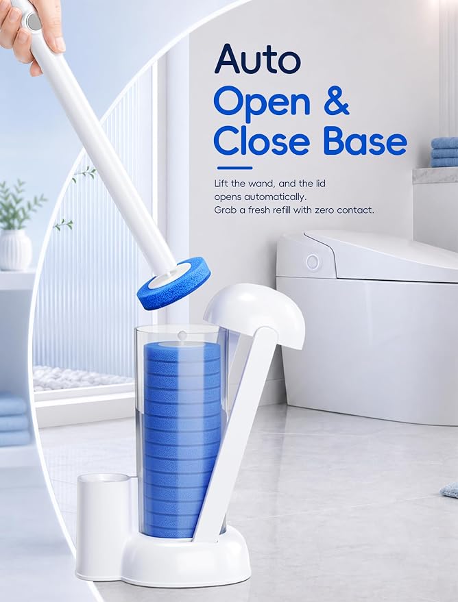 Disposable Toilet Brush System, Toilet Bowl Cleaning Wand with Lift-to-Open Refill Case, Blue Refill Heads and Freestanding Holder, 2 Wand and Holder Sets with 91 Blue Refills