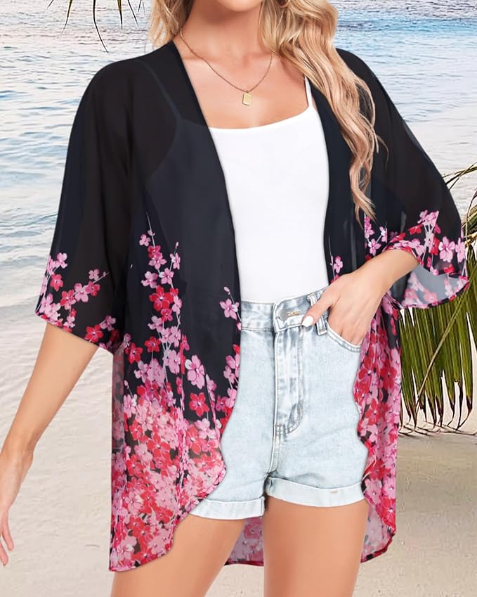 Women Kimono Cardigans Summer Cover Up Hawaiian Shirts Floral Print Tops | ROSEMIA chiffon kimono open front cardigans, beach cover ups, daily casual tops, cruise outfits, summer resort wear