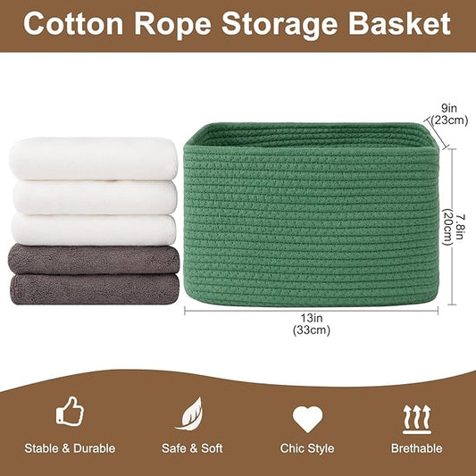 OIASKET Storage Baskets for Organizing, Woven Decorative Baskets for Shelves - Books, Towels, and Clothes, Cotton Rope Toy Storage Bins, 12.7''Lx9''Wx7.8''H, Pack of 4, Green