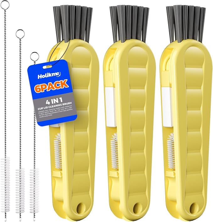 Holikme 6 Pack 4 in 1 Cup Lid Cleaning Brush 3 Straws Bottle Brush,Yellow | 4 in 1 Cup Lid Cleaning Brush Multifunctional Bottle Brush, Silicone Cup Lid Gap Cleaner, Bristle Crevice Cleaning Brush