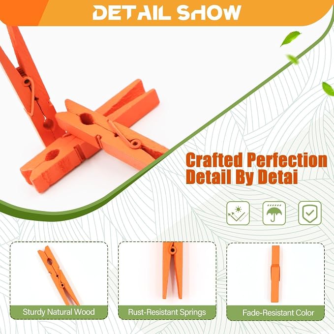100 Pcs Orange Clothes pins - 2.9 Inch Wooden Clothespins Cheer Clips | Vibrant for Crafts Classroom Decorations Clothing Pictures Laundry Solid Wood No Splinters Fade‑Proof
