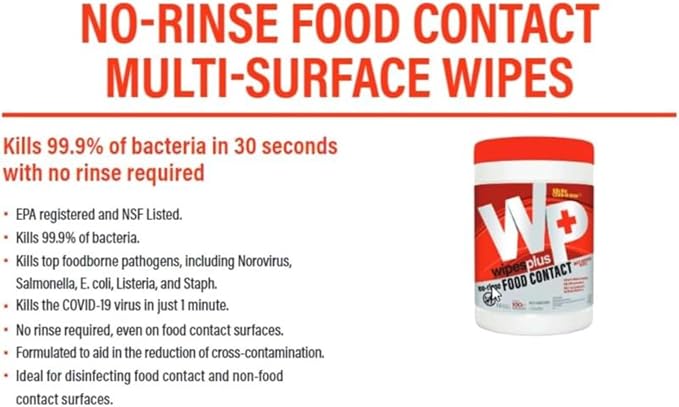 WIPESPLUS Cleaning Wipes All Purpose Food Contact - No Rinse, No Residue, Quick Dry Formula, Disinfecting Wipes For Restaurants, Foodservice, Schools - Canister, 100 Count, (Pack of 6)