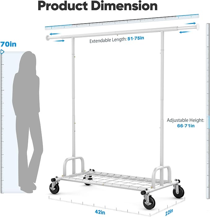 HOKEEPER Clothes Rack Collapsible Clothing Garment Rack Capacity 525LBS Clothing Racks on Wheels Heavy Duty Rolling Clothes Rack for Hanging Clothes for bedroom, Commercial, White 22"D x 75"W x 71"H