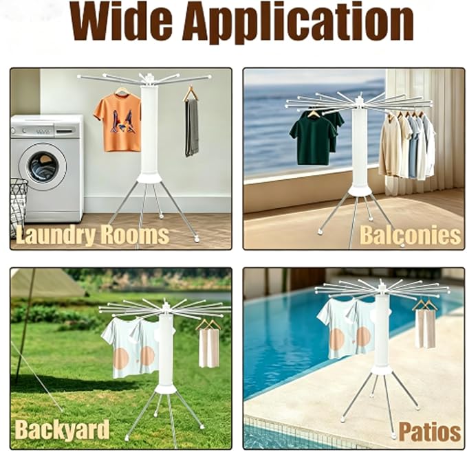 Rolling Foldable Octopus Clothes Drying Rack, Four-Legged Cylinder Clothing Hanger with Wheels, Expandable Clothes Airer with 16 Hanging Rods for Balcony/Laundry Room/Outdoor Camping/Poolside,White