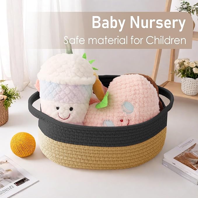 JMvicyroam Woven Basket,Small Rope Storage Bin with Handles & Ribbon Bag, Organizer for Shelves Closets,Gift Basket Empty for Birthday,Books,Dog Toys, Black&Jute/3 Pack