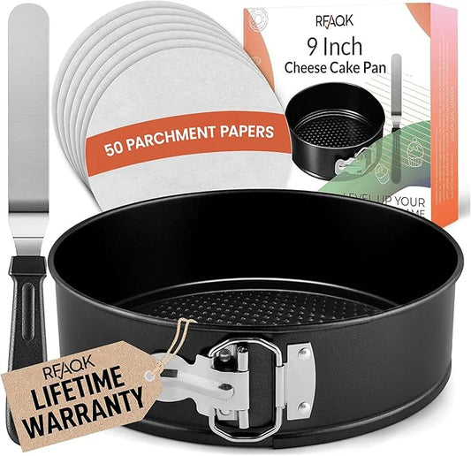 RFAQK 9 Inch Springform Pan Nonstick Leakproof - Spring Form Pan for Cheesecake with Removable Bottom, Include Spatula & 50pcs Parchment Paper, Recipe E-Book - Ideal for Baking Cakes, Pizzas, & More!