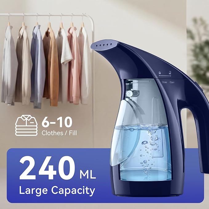 HiLIFE Steamer for Clothes, Portable Handheld Garment Wrinkle Remover, 240ml Big Capacity, 700W, Strong Penetrating Steam, for Home, Office and Travel, ONLY FOR 120V, Deep Navy