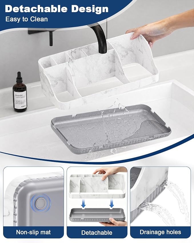 Bathroom Counter Organizer and Storage with 2 Pack Qtip Holder Dispenser, 7 Slots Detachable Toothbrush Holders for Bathrooms, Anti-Slip Electric Toothbrush and Toothpaste Holder Countertop