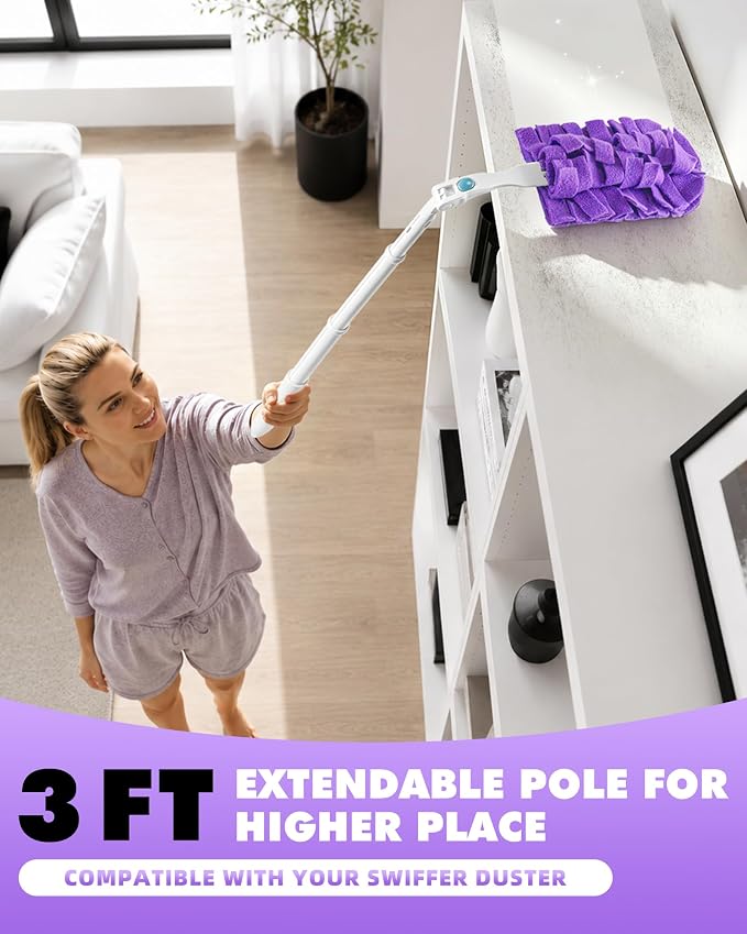 12 PCS Reusable Duster Refills with 3 ft Extendable Handle for Swiffer | Washable Fleece Pads in 6 Colors, 360° Heavy Duty Duster Cleaning for Ceiling Fans, Blinds & High Places, Wet & Dry Use