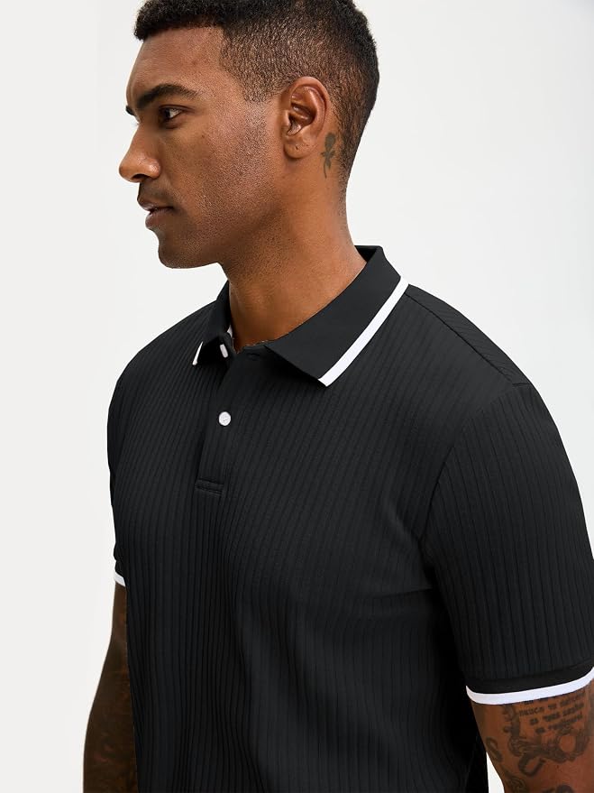 Comdecevis Men's Regular Fit Short Sleeve Knit Polo Shirts | Business casual, lightweight, breathable, stretch textured fabric, moisture wicking, easy care