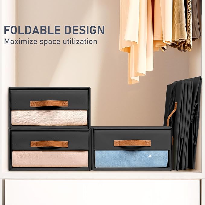 DIMJ Closet Organizers and Storage - Foldable Storage Bins with Drawers Fabric Stackable Storage Drawers with Clear Window,Fabric Clothes Organizers and Storage Drawers for Closet, 6-Pack, Black