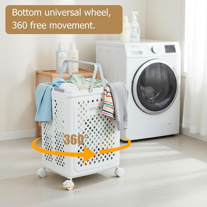 49L Collapsible Laundry Baskets, Plastic Laundry Hamper with Handles, Foldable Laundry Bin, Laundry Basket with Wheels for Laundry Room Organization, Ideal for Clothes, Towels, Blankets, White