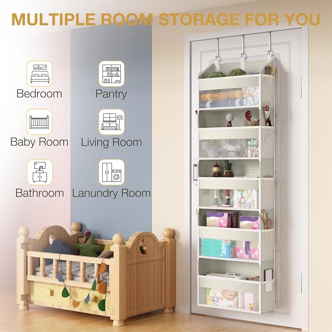 Over the Door Organizer with 5 Front & 10 Mesh Side Pockets, Versatile 5 Shelf Hanging Door Organizer 50lb Capacity Extra Large Storage Space-Saving with 3 Hook for Closet, Kitchen, Pantry, Beige