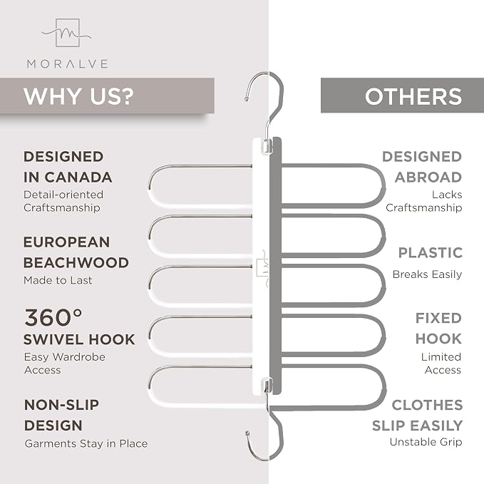 MORALVE Pants Hangers Space Saving - European Beechwood Scarf and Jean Hangers - Closet Organizer and Space Saver Pant Rack, Leggings Hanger, and Scarf Holder with 360° Swivel Hook (1 Pack)