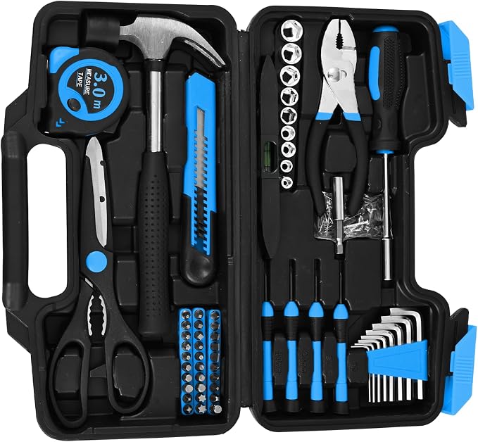 144-Piece Blue Tool Kit for Home, Household Hand Set with Plastic Toolbox | General basic repair tools for women & college students; all-purpose dorm set for home, apartment, office DIY daily repairs