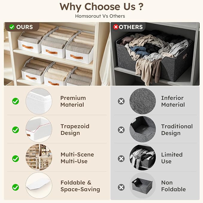 Homsorout Fabric Storage Bins for Organizing - 10 Pack Large Trapezoid Collapsible Storage Bins with Front Handle, Closet Organizers and Storage for Bedroom, Home Shelves, Small Spaces, White