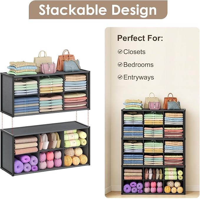 Hongtamoya Stackable Closet Organizer Shelf,6 Cube Bins Storage Basket for Clothes, Handbags Sweaters Jeans Pants Shirt, Space Saving Closet Organizer for Bedroom Wardobe, Closet System-Grey