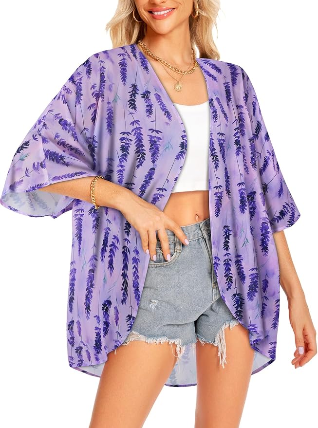 Women Kimono Cardigans Summer Cover Up Hawaiian Shirts Floral Print Tops | ROSEMIA chiffon kimono open front cardigans, beach cover ups, daily casual tops, cruise outfits, summer resort wear