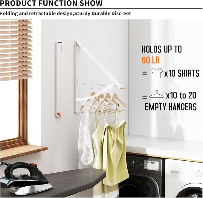 Folding Clothes Hanger Rack Wall mounted for Laundry Clothes Drying Rack | Foldable Hanger Rack Laundry Hanger Dryer Rack, Easy to Install, Closet Storage Organization, Space Saving Aluminium, White