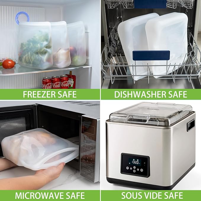 100% Silicone Gallon Storage Bags, Extra Large Reusable 1 Gallon Silicone Storage Bags Stand-Up Zip-Lock Leakproof for Bulk Food & Large Portions, Freezer Microwave Sous Vide Dishwasher Safe, 4 Pack