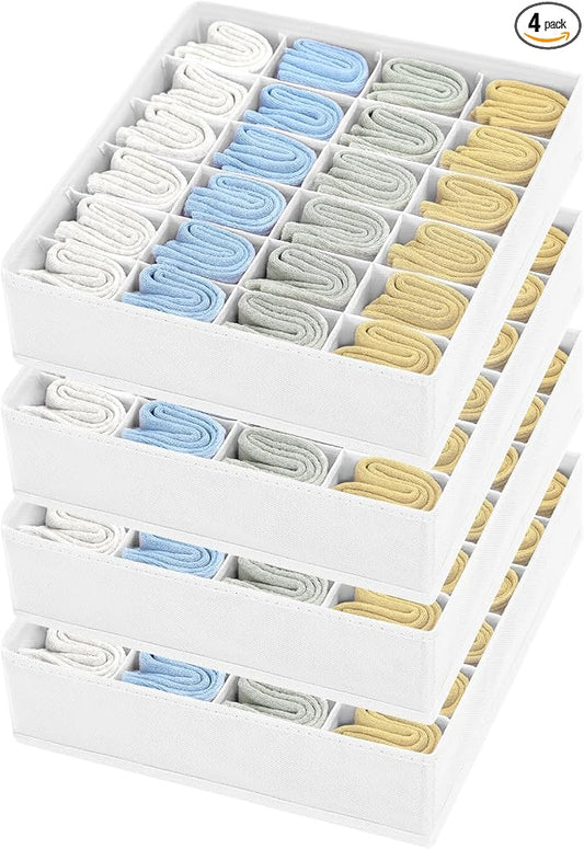 joyoldelf Sock Drawer Organizer Divider Underwear Organizer 24-cell Fabric Dresser Drawer Organizers Storage Boxes for Socks Lingerie, Handkerchiefs, Ties 4 Pack (White)