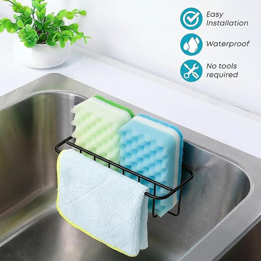 KESOL Adhesive Kitchen Sink Sponge Holder + Dish Cloth Hanger + Soap Holder, 2-in-1 Kitchen Sink Caddy, 304 Stainless Steel Rust Proof, Water Proof, No Drilling (Black)